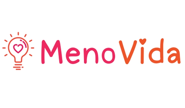 The MenoVida logo with a heart-in-lightbulb icon.