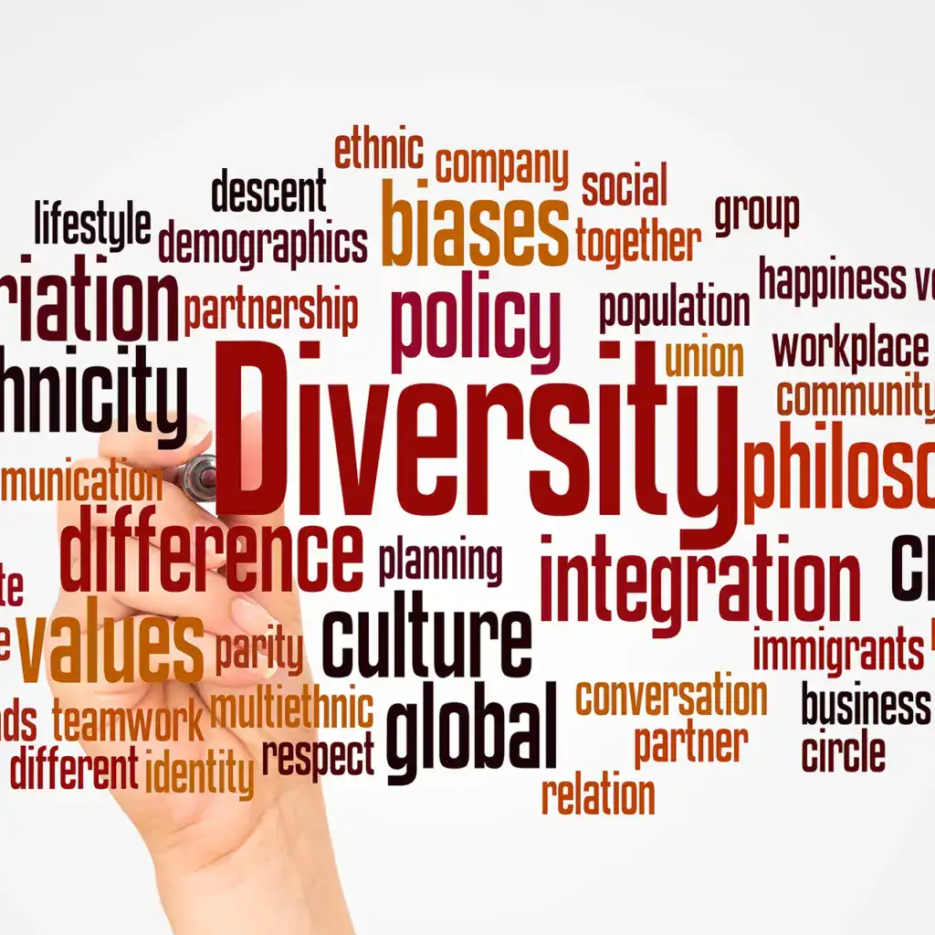 A hand writing on a word cloud about diversity.