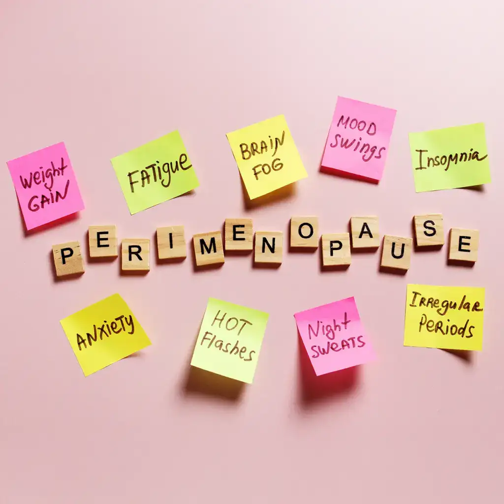 Perimenopause spelled out with tiles surrounded by symptom notes.