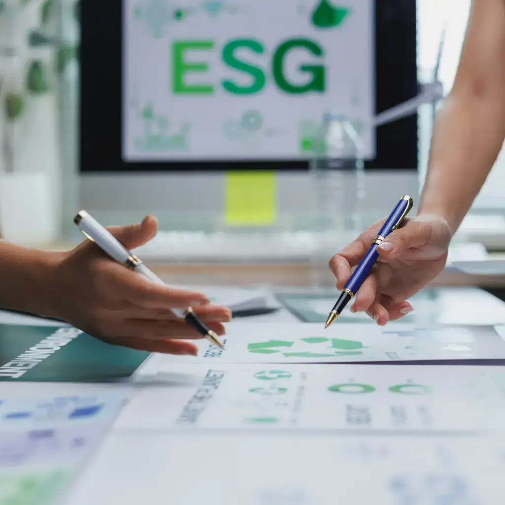 Two people discussing ESG strategy over documents in a meeting.