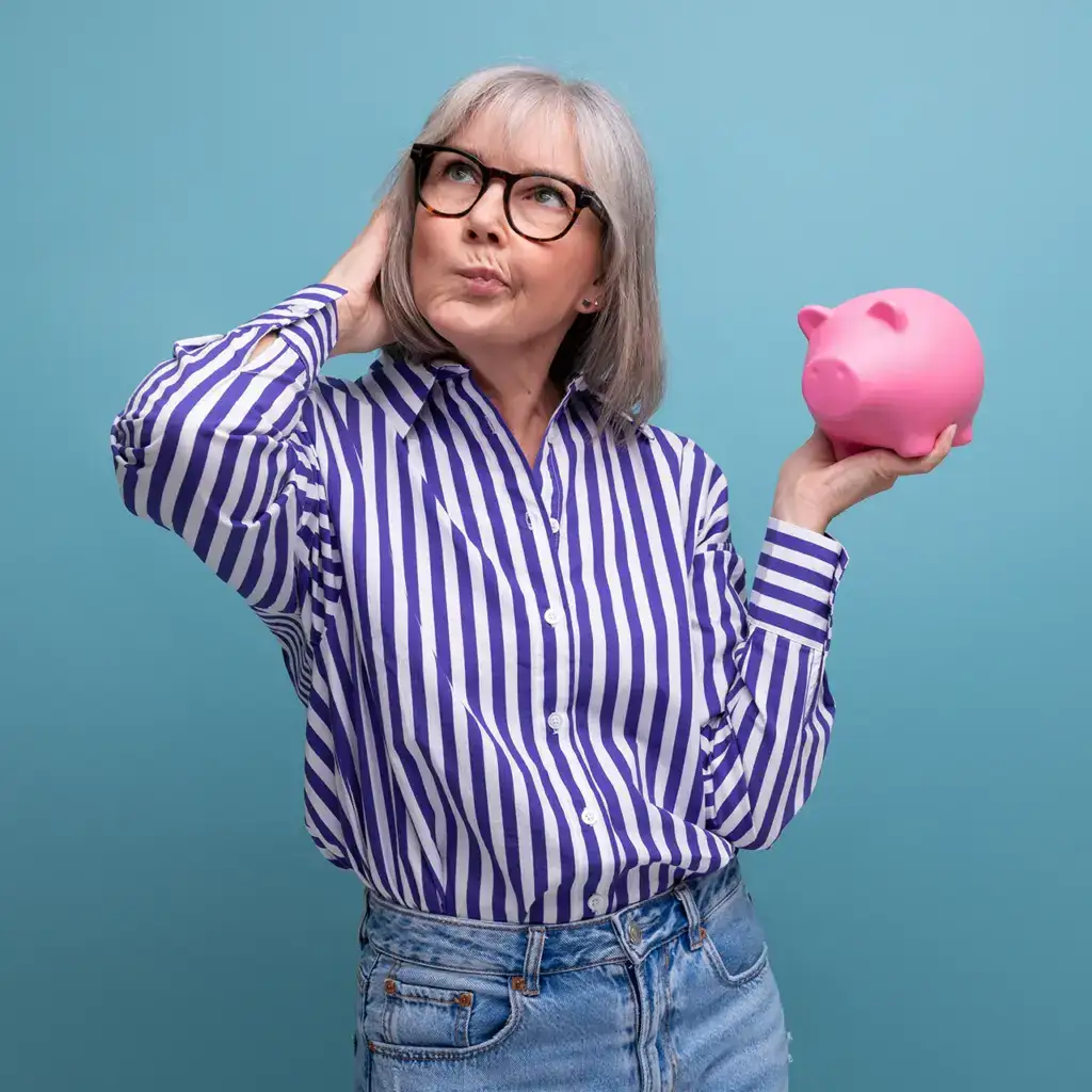 A thoughtful woman with grey hair holding a piggy bank.